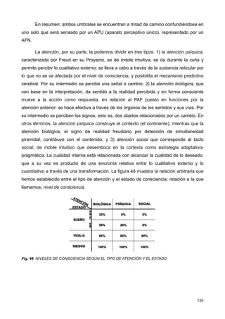 En resumen: ambos umbrales se encuentran a mitad de camino confundiéndose en
uno solo que será sensado por un APU (aparato perceptivo único), representado por un
AFN.
La atención, por su parte, la podemos dividir en tres tipos: 1) la atención psíquica,
caracterizada por Freud en su Proyecto, es de índole intuitiva, se da durante la cuña y
permite percibir lo cualitativo externo; se lleva a cabo a través de la sustancia reticular por
lo que no se ve afectada por el nivel de consciencia, y posibilita el mecanismo predictivo
cerebral. Por su intermedio se percibe una señal o cambio; 2) la atención biológica, que
con base en la interpretación, da sentido a la realidad percibida y en forma consciente
mueve a la acción como respuesta, en relación al PAF puesto en funciones por la
atención anterior; se hace efectiva a través de los órganos de los sentidos y sus vías. Por
su intermedio se perciben los signos, esto es, dos objetos relacionados por un cambio. En
otros términos, la atención psíquica construye el contexto (el continente), mientras que la
atención biológica, el signo de realidad freudiano por detección de simultaneidad
piramidal, contribuye con el contenido; y 3) atención social que corresponde al tacto
social, de índole intuitivo que desemboca en la cortesía como estrategia adaptativo-
pragmática. La cualidad interna está relacionada con alcanzar la cualidad de lo deseado,
que a su vez es producto de una sincronía relativa entre lo cualitativo externo y lo
cuantitativo a través de una transformación. La figura 48 muestra la relación arbitraria que
hemos establecido entre el tipo de atención y el estado de consciencia; relación a la que
llamamos, nivel de consciencia.
Fig. 48 NIVELES DE CONSCIENCIA SEGÚN EL TIPO DE ATENCIÓN Y EL ESTADO
124
 