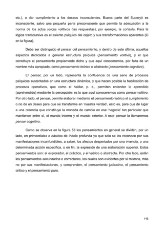 etc.), o dar cumplimiento a los deseos inconscientes. Buena parte del Superyó es
inconsciente, salvo una pequeña parte preconsciente que permite la adecuación a la
norma de los actos yoicos volitivos (las respuestas), por ejemplo, la cortesía. Para la
lógica transcursiva es el asiento psíquico del objeto y sus transformaciones aparentes (O
en la figura).
Debe ser distinguido el pensar del pensamiento, y dentro de este último, aquellos
aspectos dedicados a generar estructura psíquica (pensamiento volitivo), y el que
constituye el pensamiento propiamente dicho y que aquí conoceremos, por falta de un
nombre más apropiado, como pensamiento teórico o abstracto (pensamiento cognitivo).
El pensar, por un lado, representa la confluencia de una serie de procesos
psíquicos sustentados en una estructura dinámica, y que hacen posible la habilitación de
procesos operativos, que como el hablar, p. e., permiten entender lo aprendido
(aprehendido) mediante la percepción; es lo que aquí conoceremos como pensar volitivo.
Por otro lado, el pensar, permite elaborar mediante el pensamiento teórico el cumplimiento
o no de un deseo para que se transforme en ‘nuestra verdad’, esto es, para que dé lugar
a una creencia que constituye la moneda de cambio en ese ‘negocio’ tan particular que
mantienen entre sí, el mundo interno y el mundo exterior. A este pensar lo llamaremos
pensar cognitivo.
Como se observa en la figura 53 los pensamientos en general se dividen, por un
lado, en primordiales o básicos de índole profunda ya que solo se los reconoce por sus
manifestaciones inconfundibles, a saber, los afectos despertados por una vivencia, o una
determinada acción específica, o en fin, la expresión de una elaboración superior. Estos
pensamientos son: el explorador, el práctico, y el teórico o abstracto. Por otro lado, están
los pensamientos secundarios o correctores, los cuales son evidentes por sí mismos, más
no por sus manifestaciones, y comprenden, el pensamiento judicativo, el pensamiento
crítico y el pensamiento puro.
145
 