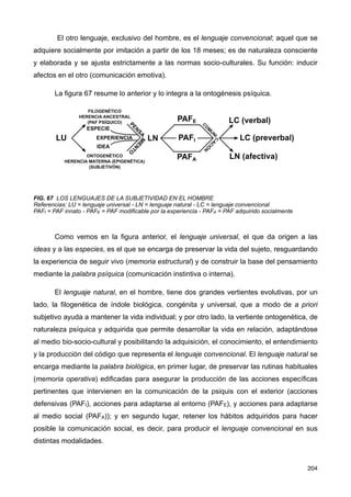 El otro lenguaje, exclusivo del hombre, es el lenguaje convencional; aquel que se
adquiere socialmente por imitación a partir de los 18 meses; es de naturaleza consciente
y elaborada y se ajusta estrictamente a las normas socio-culturales. Su función: inducir
afectos en el otro (comunicación emotiva).
La figura 67 resume lo anterior y lo integra a la ontogénesis psíquica.
FIG. 67 LOS LENGUAJES DE LA SUBJETIVIDAD EN EL HOMBRE
Referencias: LU = lenguaje universal - LN = lenguaje natural - LC = lenguaje convencional
PAFI = PAF innato - PAFE = PAF modificable por la experiencia - PAFA = PAF adquirido socialmente
Como vemos en la figura anterior, el lenguaje universal, el que da origen a las
ideas y a las especies, es el que se encarga de preservar la vida del sujeto, resguardando
la experiencia de seguir vivo (memoria estructural) y de construir la base del pensamiento
mediante la palabra psíquica (comunicación instintiva o interna).
El lenguaje natural, en el hombre, tiene dos grandes vertientes evolutivas, por un
lado, la filogenética de índole biológica, congénita y universal, que a modo de a priori
subjetivo ayuda a mantener la vida individual; y por otro lado, la vertiente ontogenética, de
naturaleza psíquica y adquirida que permite desarrollar la vida en relación, adaptándose
al medio bio-socio-cultural y posibilitando la adquisición, el conocimiento, el entendimiento
y la producción del código que representa el lenguaje convencional. El lenguaje natural se
encarga mediante la palabra biológica, en primer lugar, de preservar las rutinas habituales
(memoria operativa) edificadas para asegurar la producción de las acciones específicas
pertinentes que intervienen en la comunicación de la psiquis con el exterior (acciones
defensivas (PAFI), acciones para adaptarse al entorno (PAFE), y acciones para adaptarse
al medio social (PAFA)); y en segundo lugar, retener los hábitos adquiridos para hacer
posible la comunicación social, es decir, para producir el lenguaje convencional en sus
distintas modalidades.
204
 
