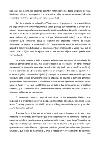 para que esto ocurra, los podemos describir metafóricamente, desde un punto de vista
lingüístico, utilizando los aspectos que caracterizan a las formas no personales del verbo
(verboides = infinitivo, gerundio, participio, y gerundivo).
Así, del sustantivo al verbo (OS→OP) se pasa en dos etapas, la primera posibilitada
por algo similar a un infinitivo (sustantivo verbal pasivo), que caracteriza la acción en sí
misma, y en una segunda etapa una caracterización completa de la acción prescindiendo
del tiempo, mediante un gerundio (sustantivo verbal activo). Del verbo al adjetivo (OP→SS)
pasa mediante algo semejante a un participio (adjetivo verbal activo) que modifica el
sustantivo (OS), tornándolo activo al asignarle una capacidad concreta de actuar.
Finalmente, del adjetivo al adverbio (SS→SP), se pasa con la ayuda de algo así como un
gerundivo (adjetivo verbal pasivo), o aquello que ‘dice’, modificando al verbo (OS), que el
sujeto debe, obligatoriamente, ejercer una acción sobre el objeto externo previamente
individualizado.
Lo anterior prepara a todo el aparato psíquico para comenzar el aprendizaje del
lenguaje convencional, ya que, más allá de disponer de los ‘lugares’ en donde manejar
sus contenidos, una mutación a nivel de la función (siguiendo con la metáfora genética),
tiene la posibilidad de ubicar a cada contextura en el lugar de otra, esto es, operar sobre
el patrón lingüístico universal (subjetivón), para que, tal y como sucede en lo biológico, se
configure cada lengua convencional que se adquiera, de acuerdo a patrones genéticos
que gobiernen qué continentes o contexturas léxicas estarán operantes, cuándo lo harán,
cómo lo harán y por qué, ajustándose en un todo a las dimensiones de la realidad
subjetiva, que como hemos dicho, tienen solamente una naturaleza temporal; por eso, la
utilización del tiempo es un universal.
El mecanismo sugerido para el aprendizaje de las categorías léxicas daría
respuesta a la pregunta que desveló a no pocos lingüístas y psicólogos, pero sobre todo a
Noam Chomsky, ¿cómo es que el niño aprende el lenguaje con tanta rapidez y sencillez
con ‘entradas’ tan pobres?
Chomsky fue el único que se arriesgó a decir que el lenguaje era innato; y ese
innatismo lo concretaba aseverando que todos nacemos con un ‘constructo’ interno; un
esquema heredado genéticamente y exclusivamente humano, que llamo ‘dispositivo de
adquisición del lenguaje’; adminículo del que nunca dio detalles, y del que tan solo sugirió
que tenía como contenido a un conjunto de principios gramaticales universales (gramática
universal), que luego del nacimiento y ante la recepción y procesamiento de estímulos
232
 