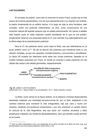 LAS PULSIONES
El concepto de pulsión, como bien lo reconoce el mismo Freud, quizás sea el más
oscuro de la teoría psicoanalítica, a la vez que representa junto a su relación con la libido,
la piedra fundamental de su edificio teórico. A lo largo de toda la obra freudiana, este
concepto, sufrió una profunda metamorfosis; yo diría, como consecuencia de una
evolución natural del aparato psíquico que se estaba estructurando. No vamos a detallar
esta historia, pues en nada mejoraría nuestra asimilación de lo que es una pulsión;
simplemente haremos una propuesta desde la LT, que coincide muy adecuadamente con
la última etapa de la caracterización pulsional.
Para la LT, las pulsiones tienen como base la libido, esa que definiéramos en el
punto anterior como V0
132. De allí se derivan dos pulsiones que mantienen entre sí una
relación compleja, ya que son opuestas, complementarias y concurrentes o simultáneas.
La figura 85 muestra las relaciones entre estas dos únicas pulsiones, basadas en el
modelo biológico propuesto por Freud, en donde se compara a estas pulsiones con las
células del cuerpo y las células germinales, respectivamente.
Fig. 85 LIBIDO Y LAS PULSIONES
Referencias: D.R. = deseo relativo o de sexualización - D.A. = deseo absoluto o sexual
La libido, como vemos en la figura anterior, es el esfuerzo universal desexualizado
expresado mediante una necesidad bio-psico-social de, por un lado, adaptación a los
cambios externos para mantener la vida ontogenética, esa que nace y muere con
nosotros, mediante una tendencia conservadora; y por otro, promover un cambio interno
en procura de la vida filogenética, esa que nació con nuestros ancestros y debe
perpetuarse mediante una tendencia desestabilizadora, pero que también puede terminar
en la muerte.
300
132 Esto no debe interpretarse como una aceptación de la teoría monista de la libido de Carl Jung, que
llamaba libido a una única fuerza pulsional. (Tomo XVIII, p. 52)
 