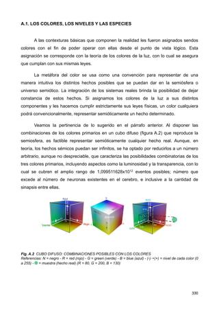A.1. LOS COLORES, LOS NIVELES Y LAS ESPECIES
A las contexturas básicas que componen la realidad les fueron asignados sendos
colores con el fin de poder operar con ellas desde el punto de vista lógico. Esta
asignación se corresponde con la teoría de los colores de la luz, con lo cual se asegura
que cumplan con sus mismas leyes.
La metáfora del color se usa como una convención para representar de una
manera intuitiva los distintos hechos posibles que se puedan dar en la semiósfera o
universo semiótico. La integración de los sistemas reales brinda la posibilidad de dejar
constancia de estos hechos. Si asignamos los colores de la luz a sus distintos
componentes y les hacemos cumplir estrictamente sus leyes físicas, un color cualquiera
podrá convencionalmente, representar semióticamente un hecho determinado.
Veamos la pertinencia de lo sugerido en el párrafo anterior. Al disponer las
combinaciones de los colores primarios en un cubo difuso (figura A.2) que reproduce la
semiosfera, es factible representar semióticamente cualquier hecho real. Aunque, en
teoría, los hechos sémicos puedan ser infinitos, se ha optado por reducirlos a un número
arbitrario, aunque no despreciable, que caracteriza las posibilidades combinatorias de los
tres colores primarios, incluyendo aspectos como la luminosidad y la transparencia, con lo
cual se cubren el amplio rango de 1,099511628x1012 eventos posibles; número que
excede al número de neuronas existentes en el cerebro, e inclusive a la cantidad de
sinapsis entre ellas.
Fig. A.2 CUBO DIFUSO: COMBINACIONES POSIBLES CON LOS COLORES
Referencias: N = negro - R = red (rojo) - G = green (verde) - B = blue (azul) - (-)⇢(+) = nivel de cada color (0
a 255) -⦁= muestra (hecho real) (R = 80, G = 200, B = 130)
330
 