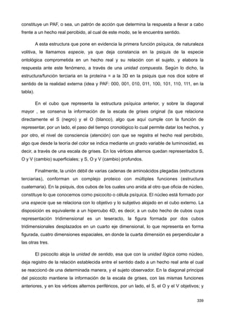 constituye un PAF, o sea, un patrón de acción que determina la respuesta a llevar a cabo
frente a un hecho real percibido, al cual de este modo, se le encuentra sentido.
A esta estructura que pone en evidencia la primera función psíquica, de naturaleza
volitiva, le llamamos especie, ya que deja constancia en la psiquis de la especie
ontológica comprometida en un hecho real y su relación con el sujeto, y elabora la
respuesta ante este fenómeno, a través de una unidad compuesta. Según lo dicho, la
estructura/función terciaria en la proteína = a la 3D en la psiquis que nos dice sobre el
sentido de la realidad externa (idea y PAF: 000, 001, 010, 011, 100, 101, 110, 111, en la
tabla).
En el cubo que representa la estructura psíquica anterior, y sobre la diagonal
mayor , se conserva la información de la escala de grises original (la que relaciona
directamente el S (negro) y el O (blanco), algo que aquí cumple con la función de
representar, por un lado, el paso del tiempo cronológico lo cual permite datar los hechos, y
por otro, el nivel de consciencia (atención) con que se registra el hecho real percibido,
algo que desde la teoría del color se indica mediante un grado variable de luminosidad, es
decir, a través de una escala de grises. En los vértices alternos quedan representados S,
O y V (cambio) superficiales; y S, O y V (cambio) profundos.
Finalmente, la unión débil de varias cadenas de aminoácidos plegadas (estructuras
terciarias), conforman un complejo proteico con múltiples funciones (estructura
cuaternaria). En la psiquis, dos cubos de los cuales uno anida al otro que oficia de núcleo,
constituye lo que conocemos como psicocito o célula psíquica. El núcleo está formado por
una especie que se relaciona con lo objetivo y lo subjetivo alojado en el cubo externo. La
disposición es equivalente a un hipercubo 4D, es decir, a un cubo hecho de cubos cuya
representación tridimensional es un teseracto, la figura formada por dos cubos
tridimensionales desplazados en un cuarto eje dimensional, lo que representa en forma
figurada, cuatro dimensiones espaciales, en donde la cuarta dimensión es perpendicular a
las otras tres.
El psicocito aloja la unidad de sentido, esa que con la unidad lógica como núcleo,
deja registro de la relación establecida entre el sentido dado a un hecho real ante el cual
se reaccionó de una determinada manera, y el sujeto observador. En la diagonal principal
del psicocito mantiene la información de la escala de grises, con las mismas funciones
anteriores, y en los vértices alternos periféricos, por un lado, el S, el O y el V objetivos; y
339
 