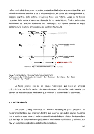 reflexionado, el de la segunda negación, en donde está el sujeto y su aspecto volitivo, y el
mundo de la doble reflexión, el de la tercera negación, en donde está lo subjetivo con su
aspecto cognitivo. Este sistema evoluciona, tiene una historia. Luego de la tercera
negación, todo vuelve a comenzar después de un cierto tiempo. El ciclo entre estas
identidades de reflexión constituye una heterarquía. Así queda definida la lógica
policontextural trivalente o transclásica de Günther. (figura A.7)
Fig. A.7 ESTRUCTURA POLICONTEXTURAL DE GÜNTHER
Referencias: 1, 2 y 3 = Identidades de reflexión – Cn = Contextura - Sn = Sujeto – On = Objeto
Nn = Negación – Pn = Positivo
La figura anterior nos da las pautas relacionales que rigen un universo
policontextural, en donde existen relaciones de orden, intercambio y coincidencia que
definen las tres identidades de reflexión que conectan la subjetividad a la objetividad.
A.7. HETERARQUÍA
McCulloch (1945) introduce el término heterarquía para proponer un
funcionamiento lógico que el cerebro tendría que observar para cubrir algunas funciones
que le son inherentes y que no tenían explicación desde la lógica clásica. Se debe aclarar
que este tipo de comportamiento propuesto es meramente especulativo y no tiene, aún
hoy, un sustento neurobiológico cabalmente demostrado.
343
 
