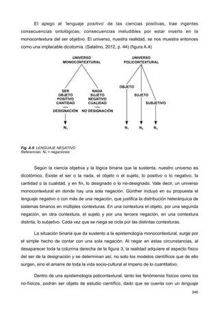 El apego al ‘lenguaje positivo’ de las ciencias positivas, trae ingentes
consecuencias ontológicas; consecuencias ineludibles por estar inserto en la
monocontextura del ser objetivo. El universo, nuestra realidad, se nos muestra entonces
como una implacable dicotomía. (Salatino, 2012, p. 44) (figura A.4)
Fig. A.9 LENGUAJE NEGATIVO
Referencias: Nn = negaciones
Según la ciencia objetiva y la lógica binaria que la sustenta, nuestro universo es
dicotómico. Existe el ser o la nada, el objeto o el sujeto, lo positivo o lo negativo, la
cantidad o la cualidad, y en fin, lo designado o lo no-designado. Vale decir, un universo
monocontextural en donde hay una sola negación. Gúnther incluyó en su propuesta el
lenguaje negativo o con más de una negación, que justifica la distribución heterárquica de
sistemas binarios en múltiples contexturas. En una contextura el objeto, por una segunda
negación, en otra contextura, el sujeto y por una tercera negación, en una contextura
distinta, lo subjetivo. Cada vez que se niega se cicla por las distintas contexturas.
La situación binaria que da sustento a la epistemología monocontextural, surge por
el simple hecho de contar con una sola negación. Al negar en estas circunstancias, al
desaparecer toda la columna derecha de la figura 3, la realidad adquiere el aspecto físico
del ser de la designación y se determinan así, no solo los modelos científicos que de ello
surgen, sino el amarre de toda la vida socio-cultural al imperio de lo cuantitativo.
Dentro de una epistemología policontextural, tanto los fenómenos físicos como los
no-físicos, podrán ser objeto de estudio científico, dado que se cuenta con un lenguaje
346
 