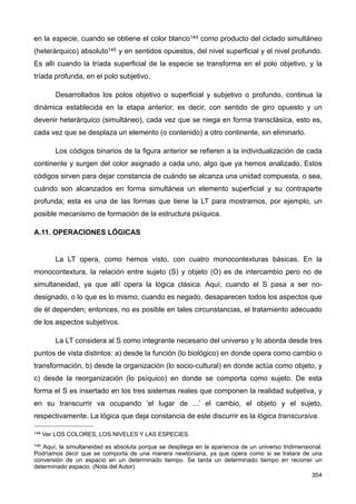 en la especie, cuando se obtiene el color blanco144 como producto del ciclado simultáneo
(heterárquico) absoluto145 y en sentidos opuestos, del nivel superficial y el nivel profundo.
Es allí cuando la tríada superficial de la especie se transforma en el polo objetivo, y la
tríada profunda, en el polo subjetivo.
Desarrollados los polos objetivo o superficial y subjetivo o profundo, continua la
dinámica establecida en la etapa anterior, es decir, con sentido de giro opuesto y un
devenir heterárquico (simultáneo), cada vez que se niega en forma transclásica, esto es,
cada vez que se desplaza un elemento (o contenido) a otro continente, sin eliminarlo.
Los códigos binarios de la figura anterior se refieren a la individualización de cada
continente y surgen del color asignado a cada uno, algo que ya hemos analizado. Estos
códigos sirven para dejar constancia de cuándo se alcanza una unidad compuesta, o sea,
cuándo son alcanzados en forma simultánea un elemento superficial y su contraparte
profunda; esta es una de las formas que tiene la LT para mostrarnos, por ejemplo, un
posible mecanismo de formación de la estructura psíquica.
A.11. OPERACIONES LÓGICAS
La LT opera, como hemos visto, con cuatro monocontexturas básicas. En la
monocontextura, la relación entre sujeto (S) y objeto (O) es de intercambio pero no de
simultaneidad, ya que allí opera la lógica clásica. Aquí, cuando el S pasa a ser no-
designado, o lo que es lo mismo, cuando es negado, desaparecen todos los aspectos que
de él dependen; entonces, no es posible en tales circunstancias, el tratamiento adecuado
de los aspectos subjetivos.
La LT considera al S como integrante necesario del universo y lo aborda desde tres
puntos de vista distintos: a) desde la función (lo biológico) en donde opera como cambio o
transformación, b) desde la organización (lo socio-cultural) en donde actúa como objeto, y
c) desde la reorganización (lo psíquico) en donde se comporta como sujeto. De esta
forma el S es insertado en los tres sistemas reales que componen la realidad subjetiva, y
en su transcurrir va ocupando ‘el lugar de ...’ el cambio, el objeto y el sujeto,
respectivamente. La lógica que deja constancia de este discurrir es la lógica transcursiva.
354
144 Ver LOS COLORES, LOS NIVELES Y LAS ESPECIES.
145 Aquí, la simultaneidad es absoluta porque se despliega en la apariencia de un universo tridimensional.
Podríamos decir que se comporta de una manera newtoniana, ya que opera como si se tratara de una
conversión de un espacio en un determinado tiempo. Se tarda un determinado tiempo en recorrer un
determinado espacio. (Nota del Autor)
 