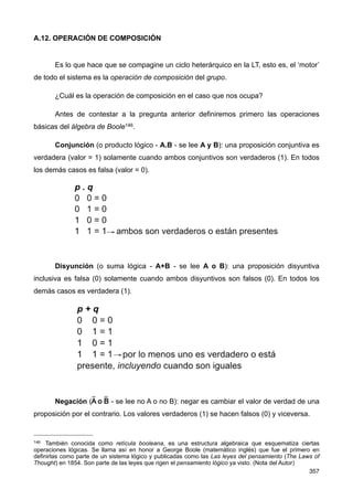 Fig. A.14 PROCESO HETERÁRQUICO - CICLOS SIMULTÁNEOS
Referencias: Superficial (Dextrógiro o hacia la derecha) - Profundo (Levógiro o hacia la izquierda)
Como se comprueba en la figura anterior, el ‘sentido de giro’ del nivel superficial es
opuesto al del nivel profundo. La secuencia superficial 132 muestra una preferencia por el
valor negativo (transclásico) mayor (3), lo cual determina el giro dextrógiro, pero cabe la
alternativa que se prefiera un valor negativo menor (2), produciéndose entonces, un ciclo
superficial con sentido de giro levógiro (secuencia 123). En este último caso el nivel
profundo tendrá un sentido de giro dextrógiro, dado que siempre lo profundo es opuesto a
lo superficial.
El comportamiento cíclico que hemos visto faculta la formación de patrones
estructurales básicos en la realidad. ¿Cómo explica la LT esta dinámica?
La explicación está basada en la conexión de Galois, que ya hemos visto, y que
como recordaremos, se trata de una estructura lógico-conceptual usada en álgebra
abstracta para oponer dos conceptos a través de otra oposición. De alguna manera, esta
estructura, nos permite delimitar los hechos reales en sus distintas modalidades.
El PAU aquí descrito es una de estas estructuras; luego, su análisis nos da
información valiosa sobre la relación S/O.
Por otro lado, la conexión de Galois, y por tanto nuestro PAU, constituye una
estructura llamada grupo, descubierta por Galois en 1832. (Livio, 2005, pp. 158-197)
Un grupo está definido por: a) Sus elementos constitutivos, b) Un elemento neutro,
c) Una operación de composición, y d) Una operación opuesta a la de composición.
De tal forma que, el grupo (Piaget, 1985, p. 15) es un conjunto de elementos
reunidos por una operación de composición que aplicada en algunos elementos del
conjunto, nos vuelve a dar un elemento del conjunto (1ª característica). Existe un
elemento neutro que compuesto con otro, no lo modifica (2ª característica). Existe una
operación inversa que compuesta con la operación directa (operación de composición) da
el elemento neutro (3ª característica). Finalmente, todas las composiciones son
asociativas o independientes de su agrupamiento (4ª característica).
356
 
