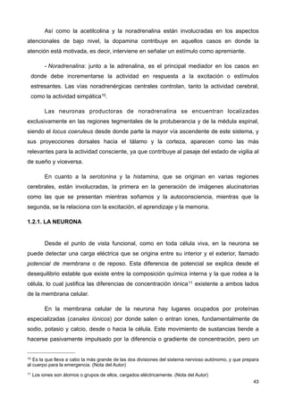 Así como la acetilcolina y la noradrenalina están involucradas en los aspectos
atencionales de bajo nivel, la dopamina contribuye en aquellos casos en donde la
atención está motivada, es decir, interviene en señalar un estímulo como apremiante.
- Noradrenalina: junto a la adrenalina, es el principal mediador en los casos en
donde debe incrementarse la actividad en respuesta a la excitación o estímulos
estresantes. Las vías noradrenérgicas centrales controlan, tanto la actividad cerebral,
como la actividad simpática10.
Las neuronas productoras de noradrenalina se encuentran localizadas
exclusivamente en las regiones tegmentales de la protuberancia y de la médula espinal,
siendo el locus coeruleus desde donde parte la mayor vía ascendente de este sistema, y
sus proyecciones dorsales hacia el tálamo y la corteza, aparecen como las más
relevantes para la actividad consciente, ya que contribuye al pasaje del estado de vigilia al
de sueño y viceversa.
En cuanto a la serotonina y la histamina, que se originan en varias regiones
cerebrales, están involucradas, la primera en la generación de imágenes alucinatorias
como las que se presentan mientras soñamos y la autoconsciencia, mientras que la
segunda, se la relaciona con la excitación, el aprendizaje y la memoria.
1.2.1. LA NEURONA
Desde el punto de vista funcional, como en toda célula viva, en la neurona se
puede detectar una carga eléctrica que se origina entre su interior y el exterior, llamado
potencial de membrana o de reposo. Esta diferencia de potencial se explica desde el
desequilibrio estable que existe entre la composición química interna y la que rodea a la
célula, lo cual justifica las diferencias de concentración iónica11 existente a ambos lados
de la membrana celular.
En la membrana celular de la neurona hay lugares ocupados por proteínas
especializadas (canales iónicos) por donde salen o entran iones, fundamentalmente de
sodio, potasio y calcio, desde o hacia la célula. Este movimiento de sustancias tiende a
hacerse pasivamente impulsado por la diferencia o gradiente de concentración, pero un
43
10 Es la que lleva a cabo la más grande de las dos divisiones del sistema nervioso autónomo, y que prepara
al cuerpo para la emergencia. (Nota del Autor)
11 Los iones son átomos o grupos de ellos, cargados eléctricamente. (Nota del Autor)
 