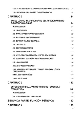 1.2.6.1. PROCESOS REGULADORES DE LOS NIVELES DE CONSCIENCIA! 74
1.2.7. MEMORIA: SUS TIPOS Y FUNCIONAMIENTO! 77
CAPÍTULO 2! 84
BASES LÓGICO-TRANSCURSIVAS DEL FUNCIONAMIENTO
ELECTROFISIOLÓGICO! 84
INTRODUCCIÓN! 84
2.1. LA NEURONA! 91
2.2. APARATO PERCEPTIVO GENÉRICO! 95
2.3. SISTEMA OLIVOCEREBELOSO! 102
2.4. SISTEMA TÁLAMO-CORTICAL! 106
2.5. LA ESPECIE! 110
2.6. CORTEZA CEREBRAL! 114
2.7. MEMORIA ESTRUCTURAL! 117
2.8. NIVELES DE CONSCIENCIA Y TIPOS DE ATENCIÓN! 120
2.9. EL DORMIR, EL SOÑAR Y LAS ALUCINACIONES! 125
2.9.1. LOS SUEÑOS! 126
2.9.2. LAS ALUCINACIONES! 130
2.10. MEMORIA, RECUERDOS Y OLVIDO, SEGÚN LA LÓGICA
TRANSCURSIVA! 131
2.10.1. LOS RECUERDOS! 134
2.10.2. EL OLVIDO! 139
CAPÍTULO 3! 142
ONTOGÉNESIS DEL APARATO PSÍQUICO - SOBRE LA
ESTRUCTURA! 142
INTRODUCCIÓN! 142
3.1. EL PENSAMIENTO Y LAS IDEAS! 142
SEGUNDA PARTE: FUNCIÓN PSÍQUICA! 150
CAPÍTULO 4! 150
6
 