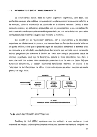 1.2.7. MEMORIA: SUS TIPOS Y FUNCIONAMIENTO
La neurociencia actual, dada su fuerte raigambre cognitivista, vale decir, sus
profundas ataduras a la metáfora computacional, se plantea como tema central, referido a
la memoria, cómo la información es codificada en el sistema nervioso. Debido a este
sesgado enfoque, las soluciones propuestas son en consecuencia; y así, en realidad lo
único concreto con lo que contamos está representado por una serie de teorías y modelos
computacionales de cómo se supone que funciona la memoria.
En función de las ‘evidencias’ aportadas por la neurociencia y la psicología
cognitivas, se fabricó desde la primera, una taxonomía de las formas de memoria, vista en
un punto anterior, en la que se pretendía ligar las estructuras cerebrales a distintos tipos
de memoria; y por otro lado, una tipología de la memoria que se inicia con el constructo
teórico pergeñado por Atkinson & Shiffrin en 1968, que aunque procedente desde la
ciencias cognitivas, igual que la taxonomía, seguía la línea psicológica más dura o
computacional. Los autores mencionados proponen tres tipos de memoria (figura 24) que
funcionan serialmente, y poseen regímenes temporales distintos, en cuanto a la
‘retención’ de la información, de allí el nombre de algunos de ellos: memoria de corto
plazo y de largo plazo.
Fig. 24 MODELO DE ATKINSON & SHIFFRIN (1968)
Baddeley & Hitch (1974) aportaron con otro artilugio, al que bautizaron como
memoria de trabajo, y que supuestamente servía para describir la memoria temporal ‘en
77
 