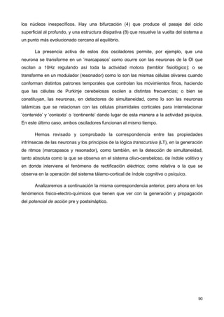 los núcleos inespecíficos. Hay una bifurcación (4) que produce el pasaje del ciclo
superficial al profundo, y una estructura disipativa (8) que resuelve la vuelta del sistema a
un punto más evolucionado cercano al equilibrio.
La presencia activa de estos dos osciladores permite, por ejemplo, que una
neurona se transforme en un ‘marcapasos’ como ocurre con las neuronas de la OI que
oscilan a 10Hz regulando así toda la actividad motora (temblor fisiológico); o se
transforme en un modulador (resonador) como lo son las mismas células olivares cuando
conforman distintos patrones temporales que controlan los movimientos finos, haciendo
que las células de Purkinje cerebelosas oscilen a distintas frecuencias; o bien se
constituyan, las neuronas, en detectores de simultaneidad, como lo son las neuronas
talámicas que se relacionan con las células piramidales corticales para interrelacionar
‘contenido’ y ‘contexto’ o ‘continente’ dando lugar de esta manera a la actividad psíquica.
En este último caso, ambos osciladores funcionan al mismo tiempo.
Hemos revisado y comprobado la correspondencia entre las propiedades
intrínsecas de las neuronas y los principios de la lógica transcursiva (LT), en la generación
de ritmos (marcapasos y resonador), como también, en la detección de simultaneidad,
tanto absoluta como la que se observa en el sistema olivo-cerebeloso, de índole volitivo y
en donde interviene el fenómeno de rectificación eléctrica; como relativa o la que se
observa en la operación del sistema tálamo-cortical de índole cognitivo o psíquico.
Analizaremos a continuación la misma correspondencia anterior, pero ahora en los
fenómenos físico-electro-químicos que tienen que ver con la generación y propagación
del potencial de acción pre y postsináptico.
90
 