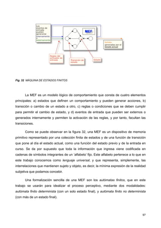 Fig. 32 MÁQUINA DE ESTADOS FINITOS
La MEF es un modelo lógico de comportamiento que consta de cuatro elementos
principales: a) estados que definen un comportamiento y pueden generar acciones, b)
transición o cambio de un estado a otro, c) reglas o condiciones que se deben cumplir
para permitir el cambio de estado, y d) eventos de entrada que pueden ser externos o
generados internamente y permiten la activación de las reglas, y por tanto, facultan las
transiciones.
Como se puede observar en la figura 32, una MEF es un dispositivo de memoria
primitivo representado por una colección finita de estados y de una función de transición
que pone al día el estado actual, como una función del estado previo y de la entrada en
curso. Se da por supuesto que toda la información que ingresa viene codificada en
cadenas de símbolos integrantes de un ‘alfabeto’ fijo. Este alfabeto pertenece a lo que en
este trabajo conocemos como lenguaje universal, y que representa, simplemente, las
interrelaciones que mantienen sujeto y objeto, es decir, la mínima expresión de la realidad
subjetiva que podamos concebir.
Una formalización sencilla de una MEF son los autómatas finitos, que en este
trabajo se usarán para idealizar el proceso perceptivo, mediante dos modalidades:
autómata finito determinista (con un solo estado final), y autómata finito no determinista
(con más de un estado final).
97
 