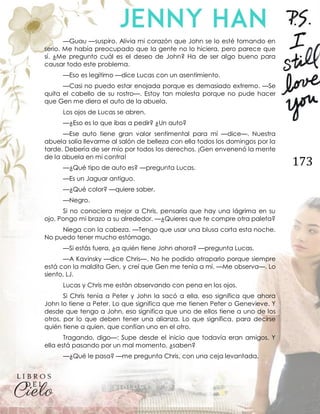 173
—Guau —suspiro. Alivia mi corazón que John se lo esté tomando en
serio. Me había preocupado que la gente no lo hiciera, pero parece que
sí. ¿Me pregunto cuál es el deseo de John? Ha de ser algo bueno para
causar todo este problema.
—Eso es legítimo —dice Lucas con un asentimiento.
—Casi no puedo estar enojada porque es demasiado extremo. —Se
quita el cabello de su rostro—. Estoy tan molesta porque no pude hacer
que Gen me diera el auto de la abuela.
Los ojos de Lucas se abren.
—¿Eso es lo que ibas a pedir? ¿Un auto?
—Ese auto tiene gran valor sentimental para mí —dice—. Nuestra
abuela solía llevarme al salón de belleza con ella todos los domingos por la
tarde. Debería de ser mío por todos los derechos. ¡Gen envenenó la mente
de la abuela en mi contra!
—¿Qué tipo de auto es? —pregunta Lucas.
—Es un Jaguar antiguo.
—¿Qué color? —quiere saber.
—Negro.
Si no conociera mejor a Chris, pensaría que hay una lágrima en su
ojo. Pongo mi brazo a su alrededor. —¿Quieres que te compre otra paleta?
Niega con la cabeza. —Tengo que usar una blusa corta esta noche.
No puedo tener mucho estómago.
—Si estás fuera, ¿a quién tiene John ahora? —pregunta Lucas.
—A Kavinsky —dice Chris—. No he podido atraparlo porque siempre
está con la maldita Gen, y creí que Gen me tenía a mí. —Me observa—. Lo
siento, LJ.
Lucas y Chris me están observando con pena en los ojos.
Si Chris tenía a Peter y John la sacó a ella, eso significa que ahora
John lo tiene a Peter. Lo que significa que me tienen Peter o Genevieve. Y
desde que tengo a John, eso significa que uno de ellos tiene a uno de los
otros, por lo que deben tener una alianza. Lo que significa, para decirse
quién tiene a quien, que confían uno en el otro.
Tragando, digo—: Supe desde el inicio que todavía eran amigos. Y
ella está pasando por un mal momento, ¿saben?
—¿Qué le pasa? —me pregunta Chris, con una ceja levantada.
 