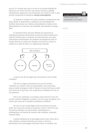 115
El individuo y los grupos en la vida cotidiana
que es "su" mundo, pero que a la vez es un mundo rodeado de
personas con rostro concreto, que tienen nombre y apellido,
sentimientos, proyectos y que comparten con usted su vida. A este
mundo compartido le llamamos mundo intersubjetivo.
Al abordar el análisis de la vida cotidiana, consideramos tres
áreas donde se desarrollan y satisfacen las necesidades del
hombre. Estas áreas son: trabajo, (entendiendo al trabajo como
desarrollado en el seno de una sociedad), vida familiar y tiempo
libre.
Es necesario decir que esta división que hacemos es
simplemente porque destacamos momentos diferenciados de la
vida del hombre, pero al analizar las áreas decimos que están
íntimamente relacionadas. No podemos interrogarnos sobre el
tiempo libre de un sujeto, por ejemplo, sin tener en cuenta su
trabajo (ó la falta de éste) y su organización familiar.
¿Cuál es uno de los rasgos que caracteriza a este mundo
cotidiano?
Uno de los rasgos característicos es que los hechos
cotidianos se aceptan como incuestionables, como naturales,
porque nadie se pregunta todo el tiempo la causa de lo que sucede
ni la razón de lo que hace. Así, aceptamos la realidad tal como se
nos presenta.
Pero al no cuestionar y al aceptar como natural lo que nos
sucede, estamos obligados a aceptar a la vez lo que nos gusta, y no
vemos qué cosas de la realidad sí podríamos modificar.
Por esto es que la psicología social nos plantea que para
poder ver lo que nos sucede es necesario correr el velo de lo que
nos resulta familiar e incuestionable, orientándonos a
problematizar los hechos de nuestra vida cotidiana, revisando
nuestras ideas.
Cuando hablamos de la psicología social como crítica de la
vida cotidiana, estamos diciendo que vamos a tomar la
herramienta de la psicología social para hacer un análisis, una
vida cotidiana
fam ilia trabajo
tiem po
libre
mundo intersubjetivo
Es decir, mundo "entre
subjetividades", entre sujetos.
?
NOTAS
……………………………………….
……………………………………….
……………………………………….
……………………………………….
……………………………………….
……………………………………….
……………………………………….
……………………………………….
……………………………………….
……………………………………….
……………………………………….
……………………………………….
……………………………………….
……………………………………….
……………………………………….
……………………………………….
……………………………………….
……………………………………….
……………………………………….
……………………………………….
……………………………………….
……………………………………….
……………………………………….
……………………………………….
……………………………………….
……………………………………….
……………………………………….
……………………………………….
……………………………………….
……………………………………….
……………………………………….
……………………………………….
……………………………………….
……………………………………….
……………………………………….
……………………………………….
……………………………………….
……………………………………….
……………………………………….
……………………………………….
……………………………………….
……………………………………….
 