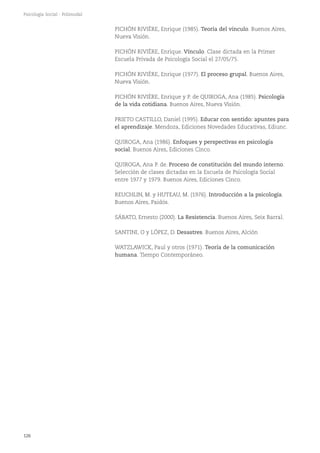 126
Psicología Social - Polimodal
PICHÓN RIVIÈRE, Enrique (1985). Teoría del vínculo. Buenos Aires,
Nueva Visión.
PICHÓN RIVIÈRE, Enrique. Vínculo. Clase dictada en la Primer
Escuela Privada de Psicología Social el 27/05/75.
PICHÓN RIVIÈRE, Enrique (1977). El proceso grupal. Buenos Aires,
Nueva Visión.
PICHÓN RIVIÈRE, Enrique y P. de QUIROGA, Ana (1985). Psicología
de la vida cotidiana. Buenos Aires, Nueva Visión.
PRIETO CASTILLO, Daniel (1995). Educar con sentido: apuntes para
el aprendizaje. Mendoza, Ediciones Novedades Educativas, Ediunc.
QUIROGA, Ana (1986). Enfoques y perspectivas en psicología
social. Buenos Aires, Ediciones Cinco.
QUIROGA, Ana P. de. Proceso de constitución del mundo interno.
Selección de clases dictadas en la Escuela de Psicología Social
entre 1977 y 1979. Buenos Aires, Ediciones Cinco.
REUCHLIN, M. y HUTEAU, M. (1976). Introducción a la psicología.
Buenos Aires, Paidós.
SÁBATO, Ernesto (2000). La Resistencia. Buenos Aires, Seix Barral.
SANTINI, O y LÓPEZ, D. Desastres. Buenos Aires, Alción
WATZLAWICK, Paul y otros (1971). Teoría de la comunicación
humana. Tiempo Contemporáneo.
 