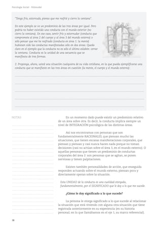 38
Psicología Social - Polimodal
En un momento dado puede existir un predominio relativo
de un área sobre otra. Es decir, la conducta implica siempre un
nivel de INTEGRACIÓN psicológica de las distintas áreas.
Así nos encontramos con personas que son
fundamentalmente RACIONALES, que piensan mucho las
situaciones, que tienen escasas manifestaciones corporales, que
piensan y piensan y casi nunca hacen nada porque no toman
decisiones (casi no actúan sobre el área 3, en el mundo externo). O
aquellas personas que tienen un predominio de conductas
corporales del área 2: son personas que se agitan, se ponen
nerviosas y tienen palpitaciones.
Existen también personalidades de acción, que enseguida
responden actuando sobre el mundo externo, piensan poco y
directamente operan sobre la situación.
Esta UNIDAD de la conducta es una cualidad otorgada,
fundamentalmente, por el SIGNIFICADO que le doy a lo que me sucede.
¿Cómo le doy significado a lo que sucede?
La persona le otorga significado a lo que sucede al relacionar
la situación que está viviendo con alguna otra situación que tiene
registrada anteriormente en su experiencia (en su historia
personal; en lo que llamábamos en el eje 1, su marco referencial).
"Tengo frío, estornudo, pienso que me resfrié y cierro la ventana".
En este ejemplo se ve un predominio de las tres áreas por igual. Pero
podría no haber existido una conducta con el mundo exterior (no
cierro la ventana). En ese caso, sentir frío y estornudar (conducta que
compromete al área 2 del cuerpo y al área 3 del mundo externo) o
sólo pensar que me he resfriado (conducta en área 1: la mente)
hubiesen sido las conductas manifestadas sólo en dos áreas. Queda
claro en el ejemplo que la conducta no es sólo el último eslabón: cerrar
la ventana. Conducta es la unidad de una secuencia que se
manifiesta de tres formas.
2. Proponga, ahora, usted una situación cualquiera de su vida cotidiana, en la que pueda ejemplificarse una
conducta que se manifieste en las tres áreas en cuestión (la mente, el cuerpo y el mundo externo):
...........................................................................................................................................................................
...........................................................................................................................................................................
...........................................................................................................................................................................
...........................................................................................................................................................................
...........................................................................................................................................................................
NOTAS
……………………………………….
……………………………………….
……………………………………….
……………………………………….
……………………………………….
……………………………………….
……………………………………….
……………………………………….
……………………………………….
……………………………………….
……………………………………….
……………………………………….
……………………………………….
……………………………………….
……………………………………….
……………………………………….
……………………………………….
……………………………………….
……………………………………….
……………………………………….
……………………………………….
……………………………………….
……………………………………….
……………………………………….
 