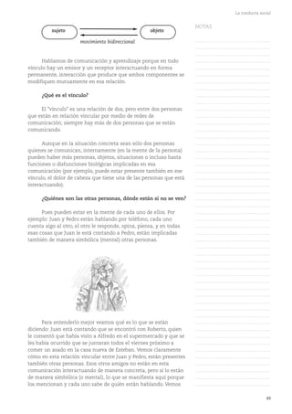 49
La conducta social
sujeto
movimiento bidireccional
objeto
Hablamos de comunicación y aprendizaje porque en todo
vínculo hay un emisor y un receptor interactuando en forma
permanente, interacción que produce que ambos componentes se
modifiquen mutuamente en esa relación.
¿Qué es el vínculo?
El "vínculo" es una relación de dos, pero entre dos personas
que están en relación vincular por medio de redes de
comunicación; siempre hay más de dos personas que se están
comunicando.
Aunque en la situación concreta sean sólo dos personas
quienes se comunican, internamente (en la mente de la persona)
pueden haber más personas, objetos, situaciones o incluso hasta
funciones o disfunciones biológicas implicadas en esa
comunicación (por ejemplo, puede estar presente también en ese
vínculo, el dolor de cabeza que tiene una de las personas que está
interactuando).
¿Quiénes son las otras personas, dónde están si no se ven?
Pues pueden estar en la mente de cada uno de ellos. Por
ejemplo: Juan y Pedro están hablando por teléfono, cada uno
cuenta algo al otro, el otro le responde, opina, piensa, y en todas
esas cosas que Juan le está contando a Pedro, están implicadas
también de manera simbólica (mental) otras personas.
Para entenderlo mejor veamos qué es lo que se están
diciendo: Juan está contando que se encontró con Roberto, quien
le comentó que había visto a Alfredo en el supermercado y que se
les había ocurrido que se juntaran todos el viernes próximo a
comer un asado en la casa nueva de Esteban. Vemos claramente
cómo en esta relación vincular entre Juan y Pedro, están presentes
también otras personas. Esos otros amigos no están en esta
comunicación interactuando de manera concreta, pero sí lo están
de manera simbólica (o mental), lo que se manifiesta aquí porque
los mencionan y cada uno sabe de quién están hablando. Vemos
NOTAS
……………………………………….
……………………………………….
……………………………………….
……………………………………….
……………………………………….
……………………………………….
……………………………………….
……………………………………….
……………………………………….
……………………………………….
……………………………………….
……………………………………….
……………………………………….
……………………………………….
……………………………………….
……………………………………….
……………………………………….
……………………………………….
……………………………………….
……………………………………….
……………………………………….
……………………………………….
……………………………………….
……………………………………….
……………………………………….
……………………………………….
……………………………………….
……………………………………….
……………………………………….
……………………………………….
……………………………………….
……………………………………….
……………………………………….
……………………………………….
……………………………………….
……………………………………….
……………………………………….
……………………………………….
……………………………………….
……………………………………….
……………………………………….
……………………………………….
……………………………………….
……………………………………….
……………………………………….
……………………………………….
……………………………………….
……………………………………….
……………………………………….
……………………………………….
……………………………………….
 