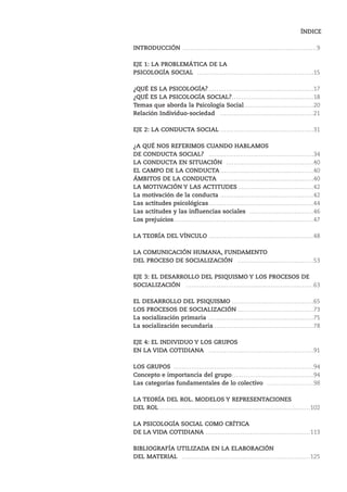 ÍNDICE
INTRODUCCIÓN ……………………………………………………………9
EJE 1: LA PROBLEMÁTICA DE LA
PSICOLOGÍA SOCIAL ……………………………………………………15
¿QUÉ ES LA PSICOLOGÍA?………………………………………………17
¿QUÉ ES LA PSICOLOGÍA SOCIAL?……………………………………18
Temas que aborda la Psicología Social………………………………20
Relación Individuo-sociedad …………………………………………21
EJE 2: LA CONDUCTA SOCIAL …………………………………………31
¿A QUÉ NOS REFERIMOS CUANDO HABLAMOS
DE CONDUCTA SOCIAL? ………………………………………………34
LA CONDUCTA EN SITUACIÓN ………………………………………40
EL CAMPO DE LA CONDUCTA …………………………………………40
ÁMBITOS DE LA CONDUCTA …………………………………………40
LA MOTIVACIÓN Y LAS ACTITUDES…………………………………42
La motivación de la conducta …………………………………………42
Las actitudes psicológicas………………………………………………44
Las actitudes y las influencias sociales ……………………………46
Los prejuicios………………………………………………………………47
LA TEORÍA DEL VÍNCULO ………………………………………………48
LA COMUNICACIÓN HUMANA, FUNDAMENTO
DEL PROCESO DE SOCIALIZACIÓN …………………………………53
EJE 3: EL DESARROLLO DEL PSIQUISMO Y LOS PROCESOS DE
SOCIALIZACIÓN …………………………………………………………63
EL DESARROLLO DEL PSIQUISMO ……………………………………65
LOS PROCESOS DE SOCIALIZACIÓN …………………………………73
La socialización primaria ………………………………………………75
La socialización secundaria ……………………………………………78
EJE 4: EL INDIVIDUO Y LOS GRUPOS
EN LA VIDA COTIDIANA ………………………………………………91
LOS GRUPOS ………………………………………………………………94
Concepto e importancia del grupo……………………………………94
Las categorías fundamentales de lo colectivo ……………………98
LA TEORÍA DEL ROL. MODELOS Y REPRESENTACIONES
DEL ROL……………………………………………………………………102
LA PSICOLOGÍA SOCIAL COMO CRÍTICA
DE LA VIDA COTIDIANA ………………………………………………113
BIBLIOGRAFÍA UTILIZADA EN LA ELABORACIÓN
DEL MATERIAL …………………………………………………………125
 