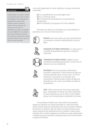 10
Psicología Social - Polimodal
curso, está organizado en cuatro capítulos, uno para cada eje de
contenidos:
Eje 1. La problemática de la psicología social
Eje 2. La conducta social
Eje 3. El desarrollo del psiquismo y los procesos de
socialización
Eje 4. El individuo y los grupos en la vida cotidiana
Recuerde que todas las actividades que usted realizará se
presentan con un ícono. Estos íconos son:
PENSAR. Este ícono indica que tiene que detenerse
un momento a analizar detenidamente lo que ha
leído.
TRABAJAR EN FORMA INDIVIDUAL. Le indica que la
actividad de aprendizaje propuesta la realizará
usted solo.
TRABAJAR EN FORMA GRUPAL. Significa que la
actividad de aprendizaje propuesta, en este caso, la
realizará con sus compañeros.
RECORDAR. Este ícono presenta información
resumida e importante. Puede tratarse de algo que
usted ya aprendió antes, en este curso o en otros
anteriores, y que ahora va a necesitar usar
nuevamente. También puede tratarse de algo que
aprenderá en este curso y que deberá recordar en
su desarrollo
LEER. Indica la lectura de otros textos especiales
para comprender los temas. Son textos obtenidos
de otros materiales y que se citan en este trabajo
porque son necesarios para comprender los temas.
Le recordamos también que usted, dentro del material,
dispone de espacios con líneas punteadas en cada hoja donde
puede realizar todas las anotaciones que crea necesarias. También
encontrará, al finalizar cada eje, hojas con líneas de punto para
tomar apuntes de las explicaciones de su profesor. Puede anotar
también allí sus dudas, preguntas, las ideas que vayan apareciendo
a medida que lee el material; justamente para esto está reservado
el espacio de NOTAS.
aprendizaje
El aprendizaje no se limita a obtener
un conocimiento que antes no tenía.
El aprendizaje tiene consecuencias
importantes en nuestra vida,
modifica nuestras actitudes y
nuestro modo de enfrentar las
relaciones con los otros. El
aprendizaje no puede ser entendido
sin esta modificación en la persona
que lo está realizando y para que
esto suceda, es necesario que usted le
encuentre sentido a todo lo que se le
ofrece en estos materiales.
?
 
