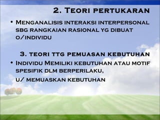 2. Teori pertukaran 
• Menganalisis interaksi interpersonal 
sbg rangkaian rasional yg dibuat 
o/individu 
3. teori ttg pemuasan kebutuhan 
• Individu Memiliki kebutuhan atau motif 
spesifik dlm berperilaku, 
u/ memuaskan kebutuhan 
 