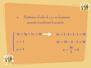 4. Sustituimos el valor de y y z en la primera
     ecuación y resolvemos la ecuación
 