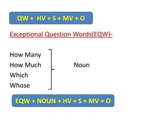 Exceptional Question Words(EQW)-
How Many
How Much Noun
Which
Whose
QW + HV + S + MV + O
EQW + NOUN + HV + S + MV + O
 