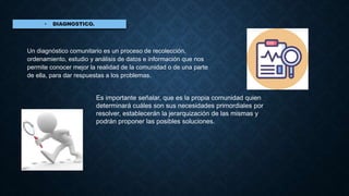 Un diagnóstico comunitario es un proceso de recolección,
ordenamiento, estudio y análisis de datos e información que nos
permite conocer mejor la realidad de la comunidad o de una parte
de ella, para dar respuestas a los problemas.
Es importante señalar, que es la propia comunidad quien
determinará cuáles son sus necesidades primordiales por
resolver, establecerán la jerarquización de las mismas y
podrán proponer las posibles soluciones.
 