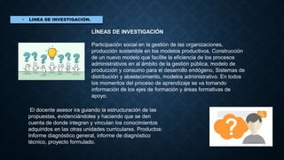 LÍNEAS DE INVESTIGACIÓN
Participación social en la gestión de las organizaciones,
producción sostenible en los modelos productivos, Construcción
de un nuevo modelo que facilite la eficiencia de los procesos
administrativos en al ámbito de la gestión pública, modelo de
producción y consumo para el desarrollo endógeno, Sistemas de
distribución y abastecimiento, modelos administrativo. En todos
los momentos del proceso de aprendizaje se va tomando
información de los ejes de formación y áreas formativas de
apoyo.
El docente asesor ira guiando la estructuración de las
propuestas, evidenciándoles y haciendo que se den
cuenta de donde integran y vinculan los conocimientos
adquiridos en las otras unidades curriculares. Productos:
Informe diagnóstico general, informe de diagnóstico
técnico, proyecto formulado.
 