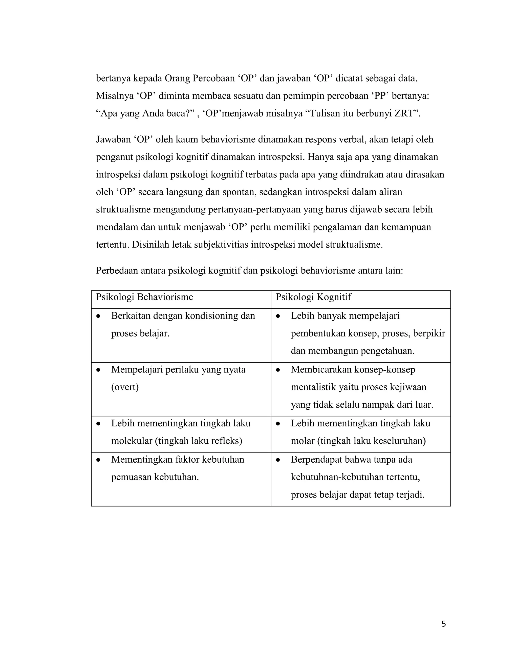 bertanya kepada Orang Percobaan „OP‟ dan jawaban „OP‟ dicatat sebagai data.
Misalnya „OP‟ diminta membaca sesuatu dan pemimpin percobaan „PP‟ bertanya:
“Apa yang Anda baca?” , „OP‟menjawab misalnya “Tulisan itu berbunyi ZRT”.
Jawaban „OP‟ oleh kaum behaviorisme dinamakan respons verbal, akan tetapi oleh
penganut psikologi kognitif dinamakan introspeksi. Hanya saja apa yang dinamakan
introspeksi dalam psikologi kognitif terbatas pada apa yang diindrakan atau dirasakan
oleh „OP‟ secara langsung dan spontan, sedangkan introspeksi dalam aliran
struktualisme mengandung pertanyaan-pertanyaan yang harus dijawab secara lebih
mendalam dan untuk menjawab „OP‟ perlu memiliki pengalaman dan kemampuan
tertentu. Disinilah letak subjektivitias introspeksi model struktualisme.
Perbedaan antara psikologi kognitif dan psikologi behaviorisme antara lain:
Psikologi Behaviorisme

Psikologi Kognitif

Berkaitan dengan kondisioning dan

Lebih banyak mempelajari

proses belajar.

pembentukan konsep, proses, berpikir
dan membangun pengetahuan.

Mempelajari perilaku yang nyata

Membicarakan konsep-konsep

(overt)

mentalistik yaitu proses kejiwaan
yang tidak selalu nampak dari luar.

Lebih mementingkan tingkah laku

Lebih mementingkan tingkah laku

molekular (tingkah laku refleks)

molar (tingkah laku keseluruhan)

Mementingkan faktor kebutuhan

Berpendapat bahwa tanpa ada

pemuasan kebutuhan.

kebutuhnan-kebutuhan tertentu,
proses belajar dapat tetap terjadi.

5

 
