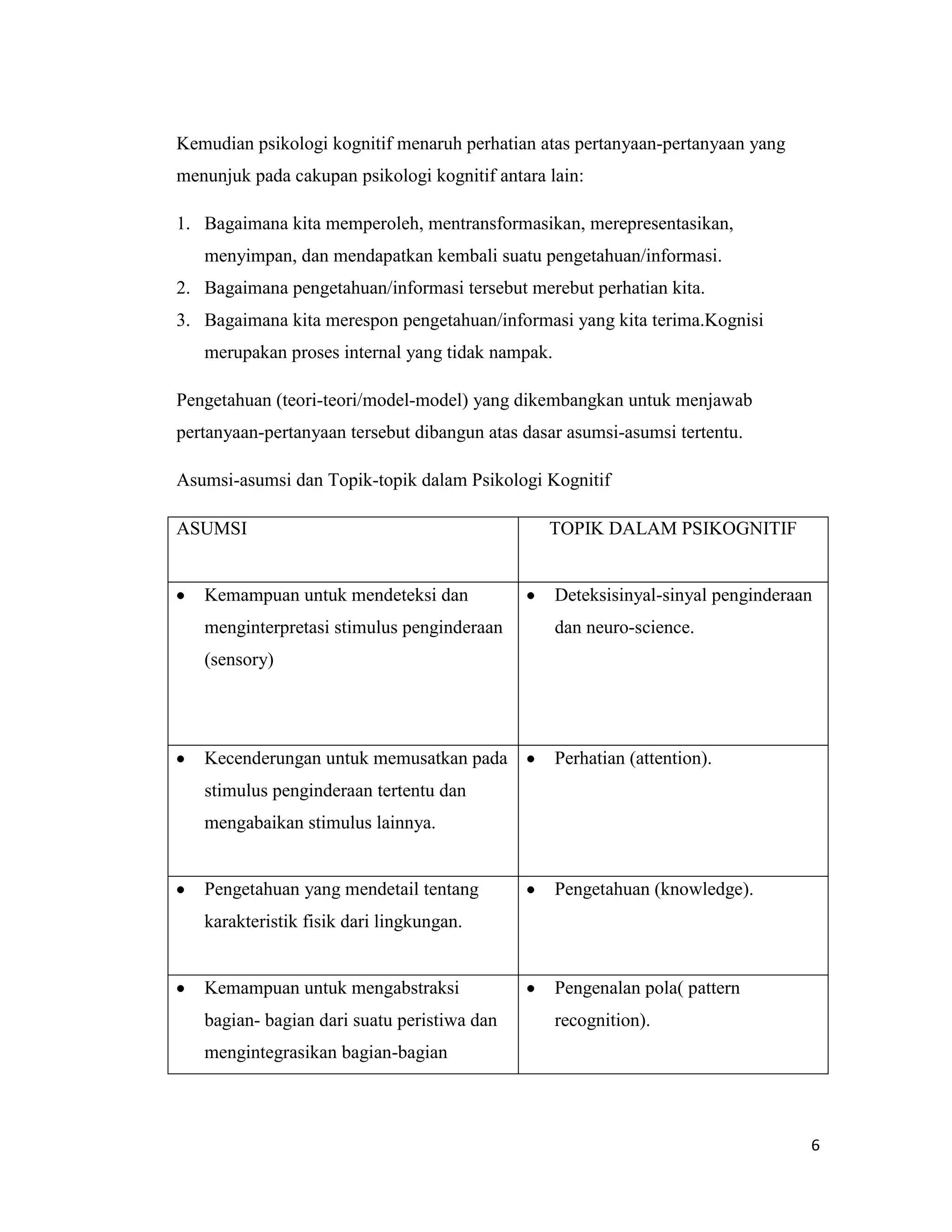 Kemudian psikologi kognitif menaruh perhatian atas pertanyaan-pertanyaan yang
menunjuk pada cakupan psikologi kognitif antara lain:
1. Bagaimana kita memperoleh, mentransformasikan, merepresentasikan,
menyimpan, dan mendapatkan kembali suatu pengetahuan/informasi.
2. Bagaimana pengetahuan/informasi tersebut merebut perhatian kita.
3. Bagaimana kita merespon pengetahuan/informasi yang kita terima.Kognisi
merupakan proses internal yang tidak nampak.
Pengetahuan (teori-teori/model-model) yang dikembangkan untuk menjawab
pertanyaan-pertanyaan tersebut dibangun atas dasar asumsi-asumsi tertentu.
Asumsi-asumsi dan Topik-topik dalam Psikologi Kognitif
ASUMSI

TOPIK DALAM PSIKOGNITIF

Kemampuan untuk mendeteksi dan

Deteksisinyal-sinyal penginderaan

menginterpretasi stimulus penginderaan

dan neuro-science.

(sensory)

Kecenderungan untuk memusatkan pada

Perhatian (attention).

stimulus penginderaan tertentu dan
mengabaikan stimulus lainnya.

Pengetahuan yang mendetail tentang

Pengetahuan (knowledge).

karakteristik fisik dari lingkungan.

Kemampuan untuk mengabstraksi

Pengenalan pola( pattern

bagian- bagian dari suatu peristiwa dan

recognition).

mengintegrasikan bagian-bagian

6

 