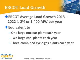 ERCOT Load Growth

ERCOT Average Load Growth 2013 –
 2022 is 2% or 1,400 MW per year
Equivalent to
  – One large nuclear plant each year
  – Two large coal plants each year
  – Three combined cycle gas plants each year



            Sources: ERCOT , RBS Energy Consulting
 
