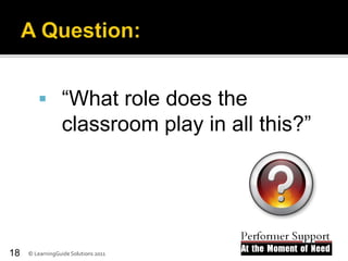  “What role does the
classroom play in all this?”
© LearningGuide Solutions 201118
 