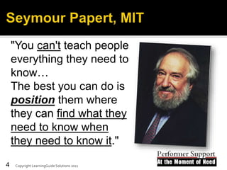 "You can't teach people
everything they need to
know…
The best you can do is
position them where
they can find what they
need to know when
they need to know it."
© LearningGuide Solutions 20114 Copyright LearningGuide Solutions 2011
 