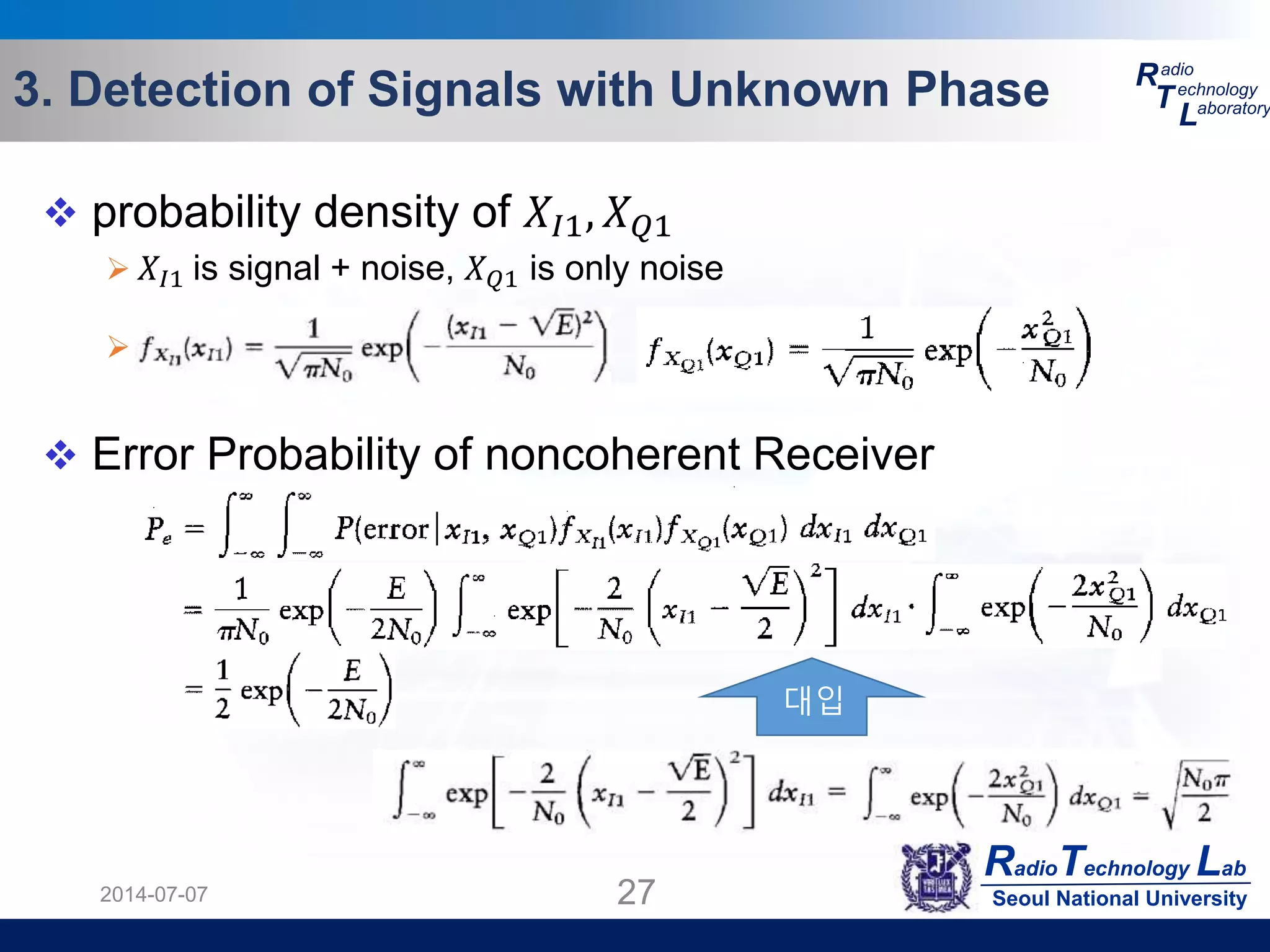 RadioTechnology Lab
Seoul National University
R
T
L
adio
echnology
aboratory3. Detection of Signals with Unknown Phase
2014-07-07 27
 probability density of 𝑋𝐼1, 𝑋 𝑄1
 𝑋𝐼1 is signal + noise, 𝑋 𝑄1 is only noise

 Error Probability of noncoherent Receiver
대입
 