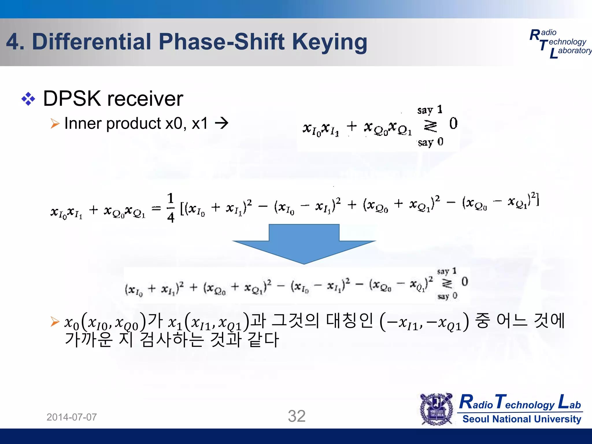 RadioTechnology Lab
Seoul National University
R
T
L
adio
echnology
aboratory4. Differential Phase-Shift Keying
2014-07-07 32
 DPSK receiver
 Inner product x0, x1 
 𝑥0 𝑥𝐼0, 𝑥 𝑄0 가 𝑥1 𝑥𝐼1, 𝑥 𝑄1 과 그것의 대칭인 −𝑥𝐼1, −𝑥 𝑄1 중 어느 것에
가까운 지 검사하는 것과 같다
𝑄1
 