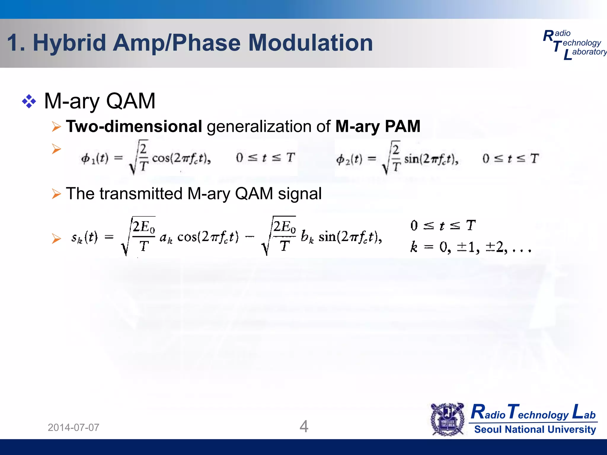 RadioTechnology Lab
Seoul National University
R
T
L
adio
echnology
aboratory1. Hybrid Amp/Phase Modulation
2014-07-07 4
 M-ary QAM
 Two-dimensional generalization of M-ary PAM

 The transmitted M-ary QAM signal

 