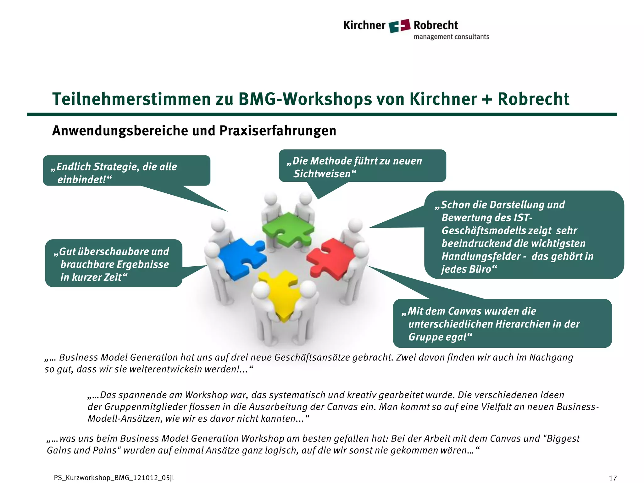 Teilnehmerstimmen zu BMG-Workshops von Kirchner + Robrecht
 Anwendungsbereiche und Praxiserfahrungen

                                                      „Die Methode führt zu neuen
 „Endlich Strategie, die alle
                                                       Sichtweisen“
  einbindet!“
                                                      “
                                                                                        „Schon die Darstellung und
                                                                                         Bewertung des IST-
                                                                                         Geschäftsmodells zeigt sehr
                                                                                         beeindruckend die wichtigsten
  „Gut überschaubare und                                                                 Handlungsfelder - das gehört in
   brauchbare Ergebnisse                                                                 jedes Büro“
   in kurzer Zeit“


                                                                                „Mit dem Canvas wurden die
                                                                                 unterschiedlichen Hierarchien in der
                                                                                 Gruppe egal“
„… Business Model Generation hat uns auf drei neue Geschäftsansätze gebracht. Zwei davon finden wir auch im Nachgang
so gut, dass wir sie weiterentwickeln werden!...“

          „…Das spannende am Workshop war, das systematisch und kreativ gearbeitet wurde. Die verschiedenen Ideen
          der Gruppenmitglieder flossen in die Ausarbeitung der Canvas ein. Man kommt so auf eine Vielfalt an neuen Business-
          Modell-Ansätzen, wie wir es davor nicht kannten...“

„…was uns beim Business Model Generation Workshop am besten gefallen hat: Bei der Arbeit mit dem Canvas und "Biggest
Gains und Pains" wurden auf einmal Ansätze ganz logisch, auf die wir sonst nie gekommen wären…“

  PS_Kurzworkshop_BMG_121012_05jl                                                                                               17
 