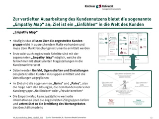 Zur vertieften Ausarbeitung des Kundennutzens bietet die sogenannte
  „Empathy Map“ an; Ziel ist ein „Einfühlen“ in die Welt des Kunden
  „Empathy Map“

• Häufig ist das Wissen über die angestrebte Kunden-
  gruppe nicht in ausreichendem Maße vorhanden und
  muss über Marktforschungsinstrumente ermittelt werden
• Erste oder auch ergänzende Schritte sind mit der
  sogenannten „Empathy Map“ möglich, welche die
  Teilnehmer mit strukturierten Fragestellungen in die
  Kundenwelt versetzt
• Dabei werden Umfeld, Eigenschaften und Einstellungen
  des potenziellen Kunden in Gruppen ermittelt und die
  Vorstellungen abgeglichen
• Im Ziel sind die sogenannten „Gains“ und „Pains“, also
  die Frage nach den Lösungen, die dem Kunden oder einer
  Kundengruppe „Not lindern“ oder „Freude bereiten“
• Die Empathy Map kann zusätzliche wertvolle
  Informationen über die angestrebten Zielgruppen liefern
  und unterstützt so die Ermittlung des Wertangebotes
  des Geschäftsmodells


  PS_Kurzworkshop_BMG_121012_05jl   Quelle: Osterwalder, A.: Business Model Generation   12
 