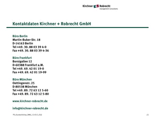 Kontaktdaten Kirchner + Robrecht GmbH

Büro Berlin
Martin-Buber-Str. 18
D-14163 Berlin
Tel +49. 30. 88 03 39 4-0
Fax +49. 30. 88 03 39 4-36

Büro Frankfurt
Borsigallee 12
D-60388 Frankfurt a.M.
Tel +49. 69. 42 01 19-0
Fax +49. 69. 42 01 19-99

Büro München
Oettingenstr. 25
D-80538 München
Tel +49. 89. 72 63 12 5-60
Fax +49. 89. 72 63 12 5-80

www.kirchner-robrecht.de

info@kirchner-robrecht.de
PS_Kurzworkshop_BMG_121012_05jl         23
 
