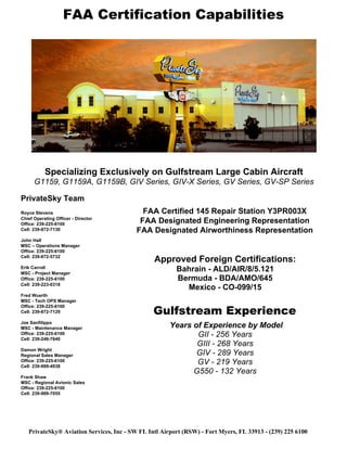 FAA Certification Capabilities
PrivateSky® Aviation Services, Inc - SW FL Intl Airport (RSW) - Fort Myers, FL 33913 - (239) 225 6100
Specializing Exclusively on Gulfstream Large Cabin Aircraft
G1159, G1159A, G1159B, GIV Series, GIV-X Series, GV Series, GV-SP Series
Approved Foreign Certifications:
Bahrain - ALD/AIR/8/5.121
Bermuda - BDA/AMO/645
Mexico - CO-099/15
Gulfstream Experience
Years of Experience by Model
GII - 256 Years
GIII - 268 Years
GIV - 289 Years
GV - 219 Years
G550 - 132 Years
FAA Certified 145 Repair Station Y3PR003X
FAA Designated Engineering Representation
FAA Designated Airworthiness Representation
PrivateSky Team
Royce Stevens
Chief Operating Officer - Director
Office: 239-225-6100
Cell: 239-872-7130
John Hall
MSC – Operations Manager
Office: 239-225-6100
Cell: 239-872-5732
Erik Carroll
MSC - Project Manager
Office: 239-225-6100
Cell: 239-223-0318
Fred Wuerth
MSC - Tech OPS Manager
Office: 239-225-6100
Cell: 239-872-7129
Joe Sanfilippo
MSC - Maintenance Manager
Office: 239-225-6100
Cell: 239-246-7640
Damon Wright
Regional Sales Manager
Office: 239-225-6100
Cell: 239-989-4938
Frank Shaw
MSC - Regional Avionic Sales
Office: 239-225-6100
Cell: 239-989-7055
 