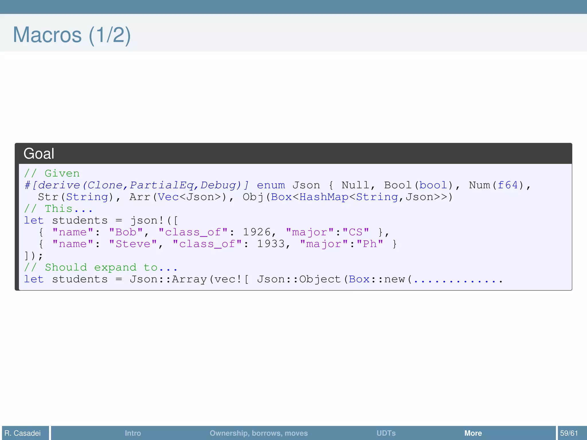 Macros (1/2)
Goal
// Given
#[derive(Clone,PartialEq,Debug)] enum Json { Null, Bool(bool), Num(f64),
Str(String), Arr(Vec<Json>), Obj(Box<HashMap<String,Json>>)
// This...
let students = json!([
{ "name": "Bob", "class_of": 1926, "major":"CS" },
{ "name": "Steve", "class_of": 1933, "major":"Ph" }
]);
// Should expand to...
let students = Json::Array(vec![ Json::Object(Box::new(.............
R. Casadei Intro Ownership, borrows, moves UDTs More 59/61
 
