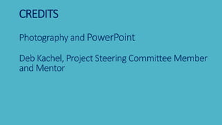 CREDITS
Photography and PowerPoint
Deb Kachel, Project Steering Committee Member
and Mentor
 