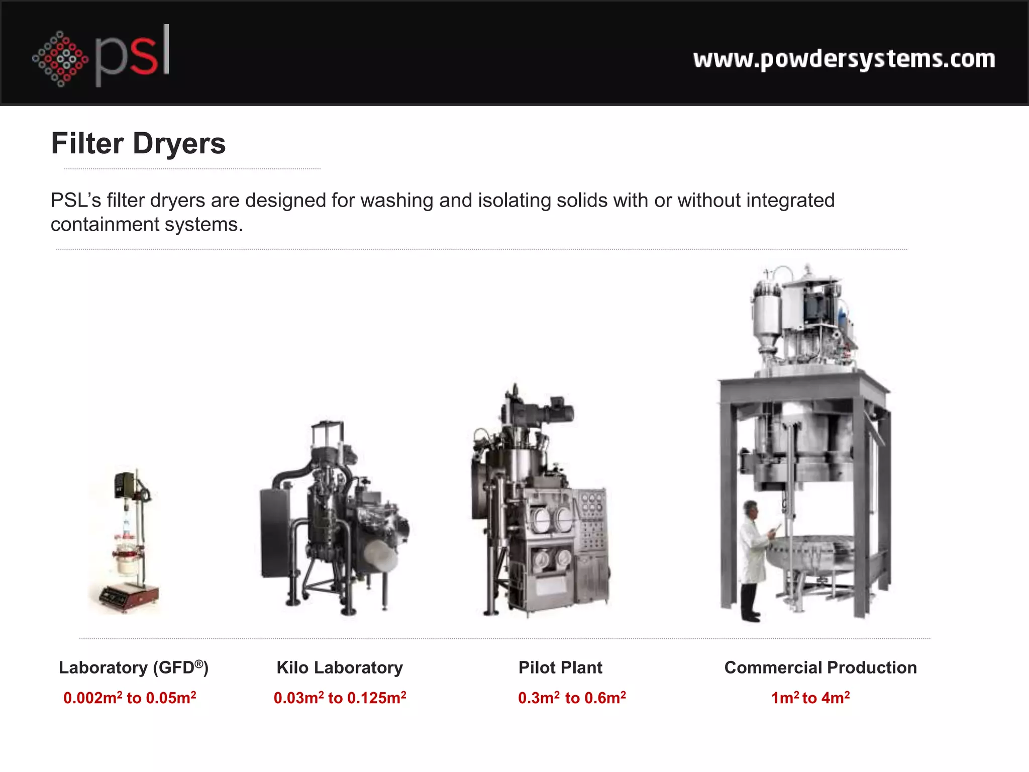 Filter Dryers
PSL’s filter dryers are designed for washing and isolating solids with or without integrated
containment systems.
Laboratory (GFD®) Kilo Laboratory Pilot Plant Commercial Production
0.002m2 to 0.05m2 0.03m2 to 0.125m2 0.3m2 to 0.6m2 1m2 to 4m2
 