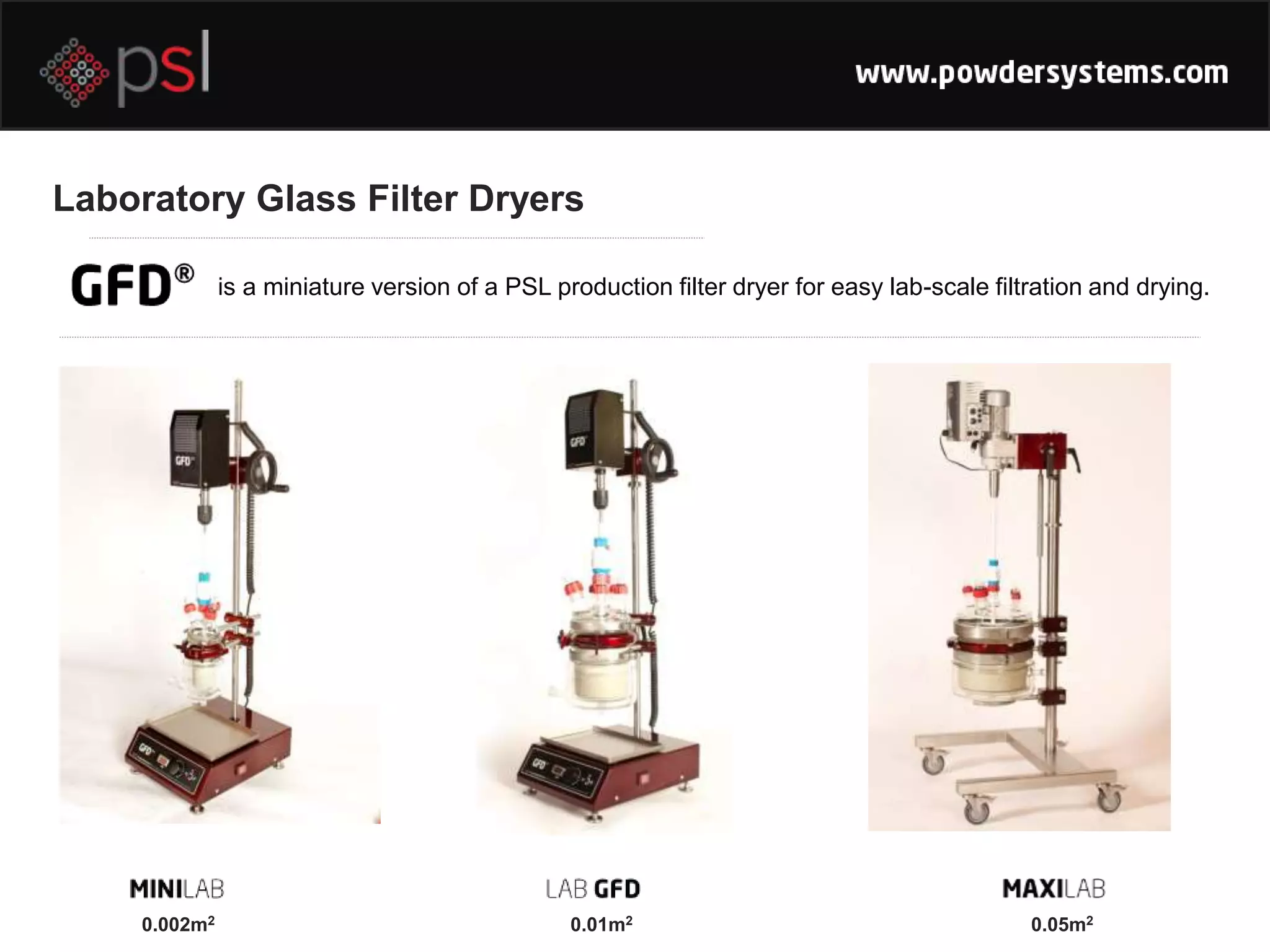 Laboratory Glass Filter Dryers
is a miniature version of a PSL production filter dryer for easy lab-scale filtration and drying.
0.002m2 0.01m2 0.05m2
 