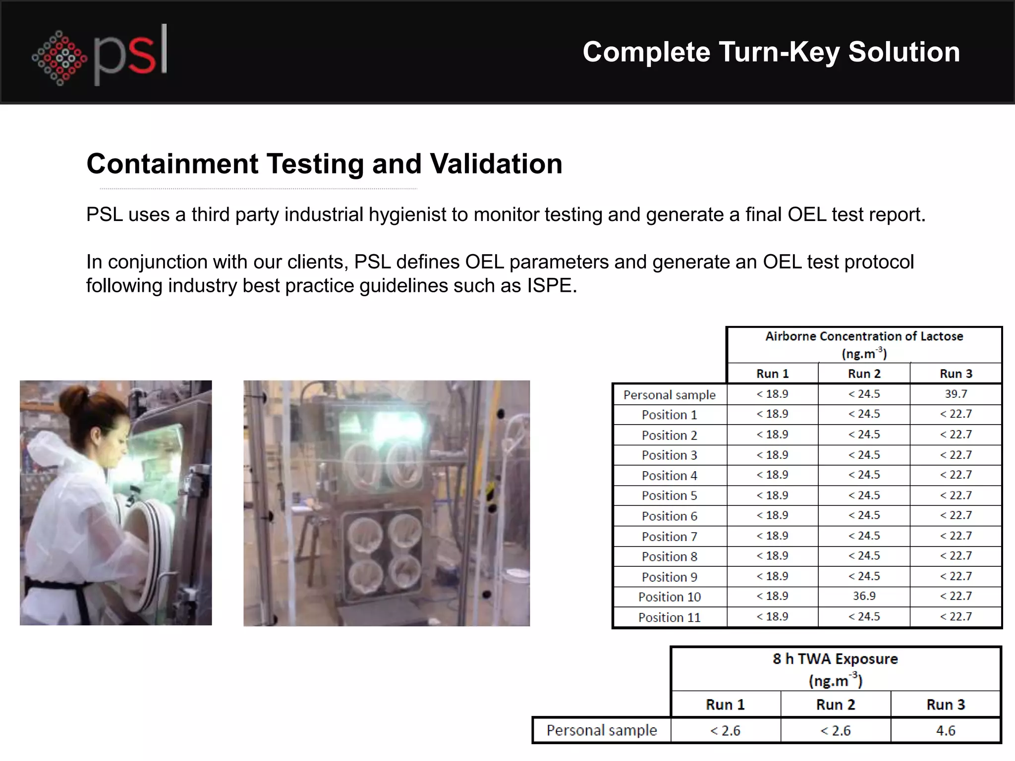 Complete Turn-Key Solution
Containment Testing and Validation
PSL uses a third party industrial hygienist to monitor testing and generate a final OEL test report.
In conjunction with our clients, PSL defines OEL parameters and generate an OEL test protocol
following industry best practice guidelines such as ISPE.
 
