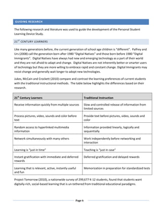 GUIDING RESEARCH

The following research and literature was used to guide the development of the Personal Student
Learning Device Study.

21 S T CENTURY LEARNERS

Like many generations before, the current generation of school age children is “different”. Palfrey and
Urs (2008) call the generation born after 1980 “Digital Natives” and those born before 1980 “Digital
Immigrants”. Digital Natives have always had new and emerging technology as a part of their world
and they are not afraid to adapt and change. Digital Natives are not inherently better or smarter users
of technology but they are more willing to embrace rapid and constant change. Digital Immigrants may
resist change and generally wait longer to adopt new technologies.

Jukes, McCain and Crockett (2010) compare and contrast the learning preferences of current students
with the traditional instructional methods. The table below highlights the differences based on their
research.


21st Century Learners                                      Traditional Instruction

Receive information quickly from multiple sources          Slow and controlled release of information from
                                                           limited sources

Process pictures, video, sounds and color before           Provide text before pictures, video, sounds and
text                                                       color

Random access to hyperlinked multimedia                    Information provided linearly, logically and
information                                                sequentially

Network simultaneously with many others                    Work independently before networking and
                                                           interaction

Learning is “just in time”                                 Teaching is “just in case”

Instant gratification with immediate and deferred          Deferred gratification and delayed rewards
rewards

Learning that is relevant, active, instantly useful        Memorization in preparation for standardized tests
and fun

Project Tomorrow (2010), a nationwide survey of 299,677 K-12 students, found that students want
digitally-rich, social-based learning that is un-tethered from traditional educational paradigms.




                                                  Page 6
 