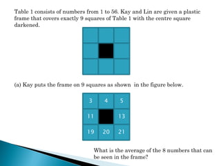 Table 1 consists of numbers from 1 to 56. Kay and Lin are given a plastic
frame that covers exactly 9 squares of Table 1 with the centre square
darkened.




(a) Kay puts the frame on 9 squares as shown in the figure below.

                             3       4    5

                            11            13

                            19      20    21


                                 What is the average of the 8 numbers that can
                                 be seen in the frame?
 