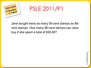 Total Value= Number     x  Value PSLE 2011/P1 Jane bought twice as many 50-cent stamps as 80- cent stamps. How many 80-cent stamps can Jane buy if she spent a total of $30.60? 