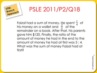 UTM: Branch Approach     PSLE 2011/P2/Q18 Faizal had a sum of money. He spent      of his money on a wallet and        of the remainder on a book. After that, his parents gave him $120. Finally, the ratio of the amount of money he had in the end to the amount of money he had at first was 5 : 4. What was the sum of money Faizal had at first? 