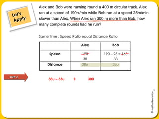 Alex and Bob were running round a 400 m circular track. Alex ran at a speed of 190m/min while Bob ran at a speed 25m/min slower than Alex. When Alex ran 300 m more than Bob, how many complete rounds had he run?Let’s ApplySame time : Speed Ratio equal Distance RatioSTEP 238u – 33u 	300